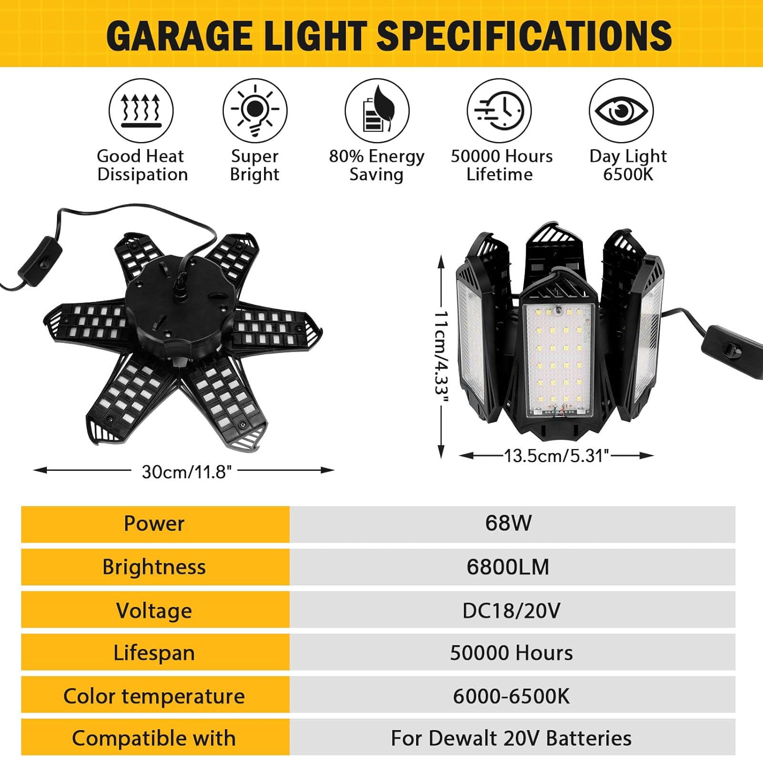 LIVOWALNY LED Work Light Compatible with Dewalt 20V Battery, 68W 6800LM LED Garage Flood Lights with 6+1 Deformable Panels, Battery Powered Pendant Ceiling Light for Shed Workshop Garage Home