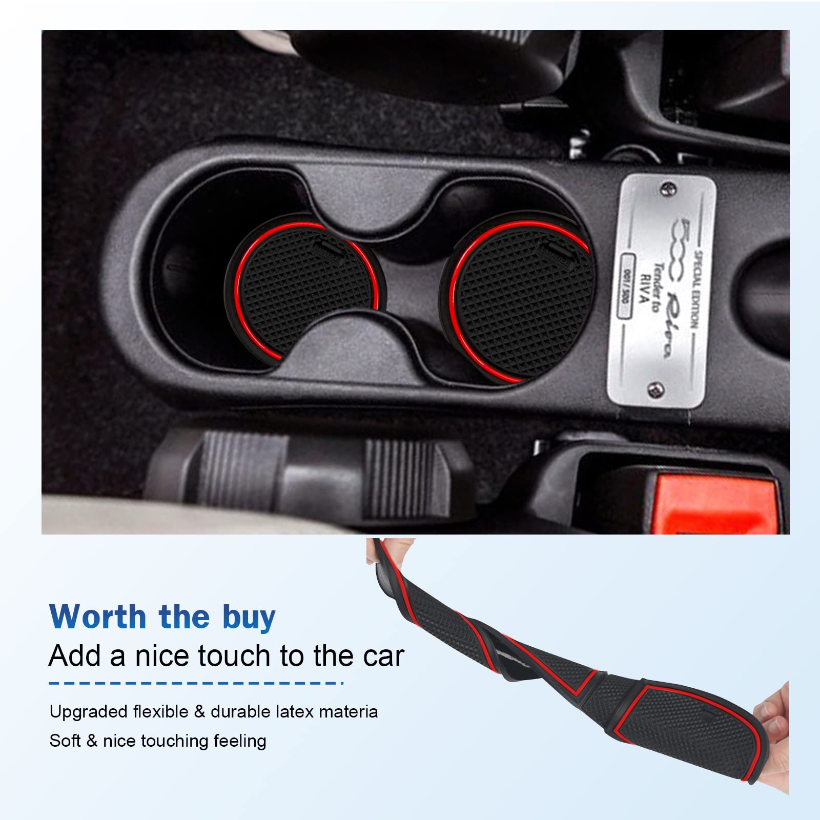 LUWU Tappetini Antiscivolo In Gomma Per Fiat 500 (2016-2020) E Abarth 595 (2017-2021) - Set Da 13 Pezzi Per Console, Portabicchieri E Portiere - Accessori Interni Auto - 2