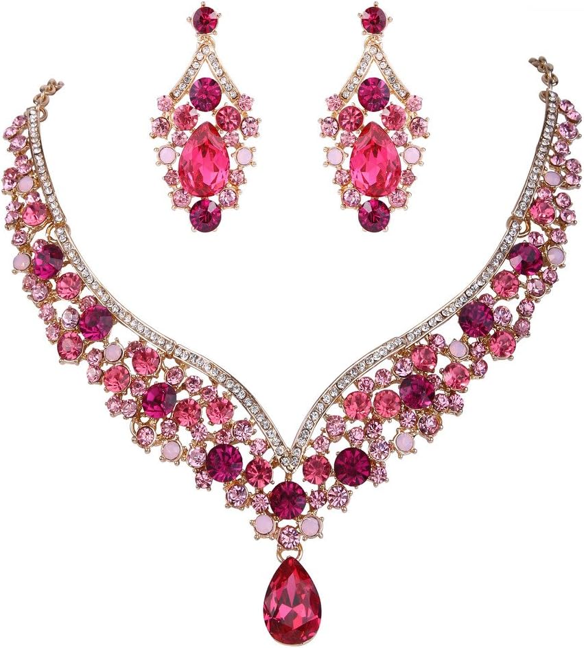 EVER FAITH Wedding Jewelry for Bride Austrian Crystal Elegant V-Shaped Teardrop Bridal Prom Statement Necklace Earrings Set for Women