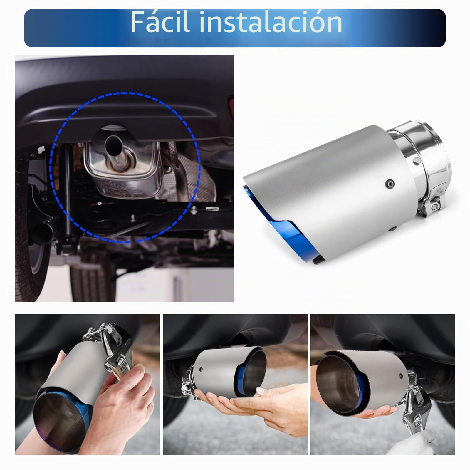 2.5" Tubo de Escape en Acero Inoxidable 304 - Punta Cola de Coche 2.5"/64mm a 3.5"/89mm Modificado Silenciador Monosalida con Bolt-On ​​Compatible con Tubos de Escape 62-64mm (Azul/Plateado)