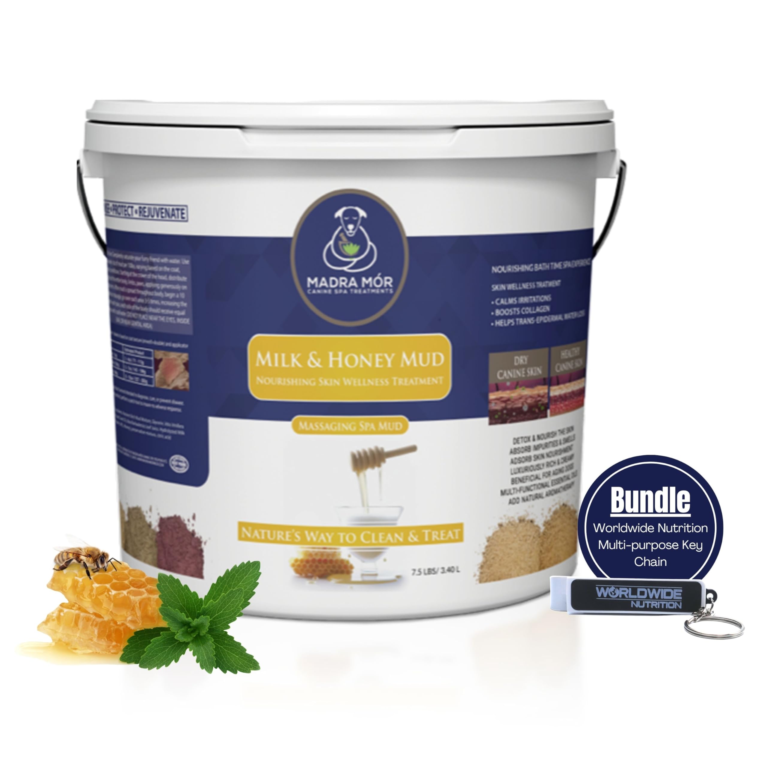 Worldwide Nutrition Madra Mor Milk &amp; Honey Mud Spa Bath for Dogs | Dog Bath for Dog Grooming | Dog Coat Skin Care Products | 7.5lb Pail Mud Bath Dog Essentials with Multi-Purpose Key Chain, brown