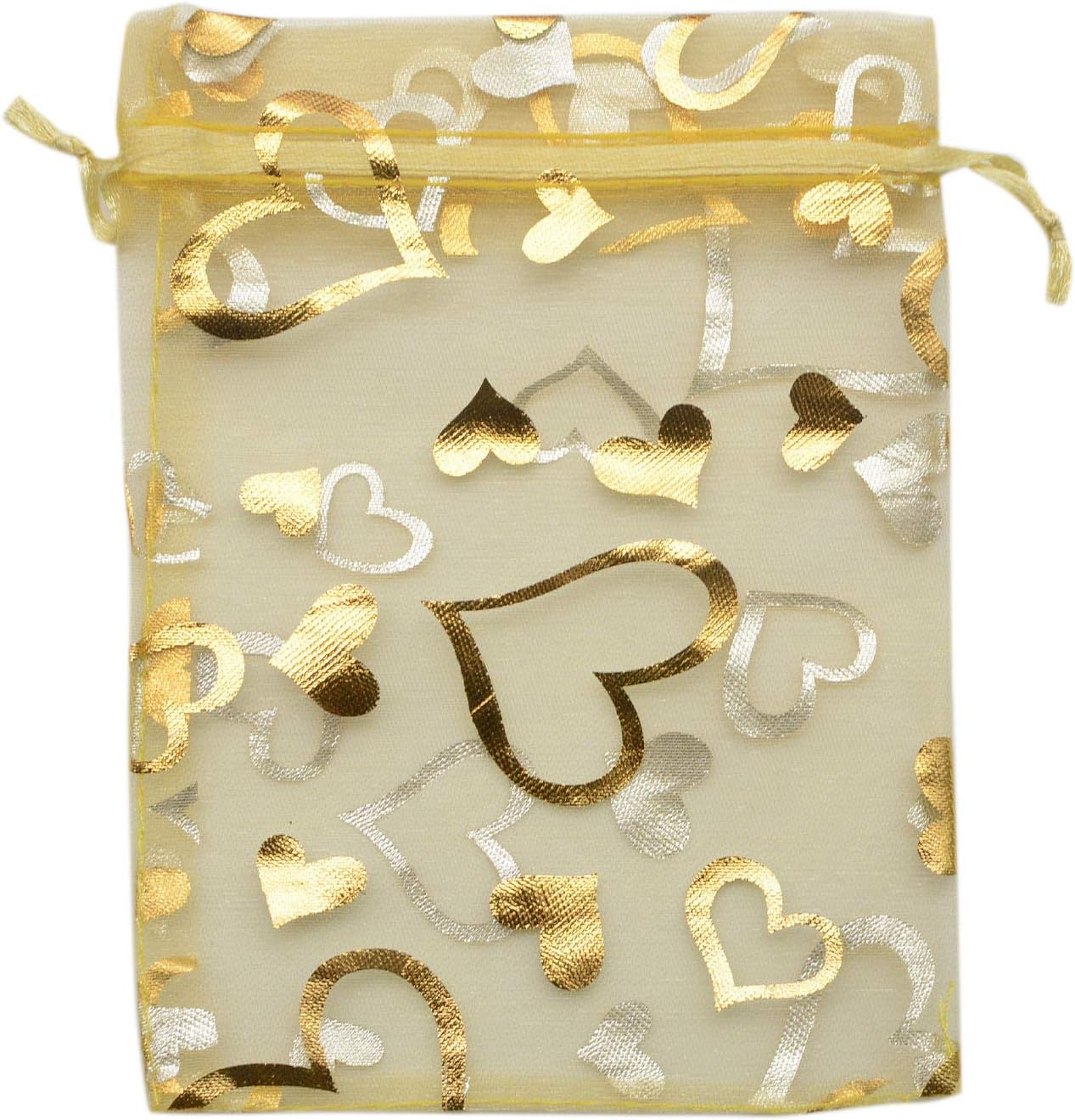 YYaaloa 100PCS Mini Sheer Heart Mixed Organza Bags 7X9 cm/2.7X3.5 inches, Drawstring Chic Gift Beauty Bags, Wedding Favor Bags Candy Jewelry Gift Bags (Gold, 2.7x3.5 inch)