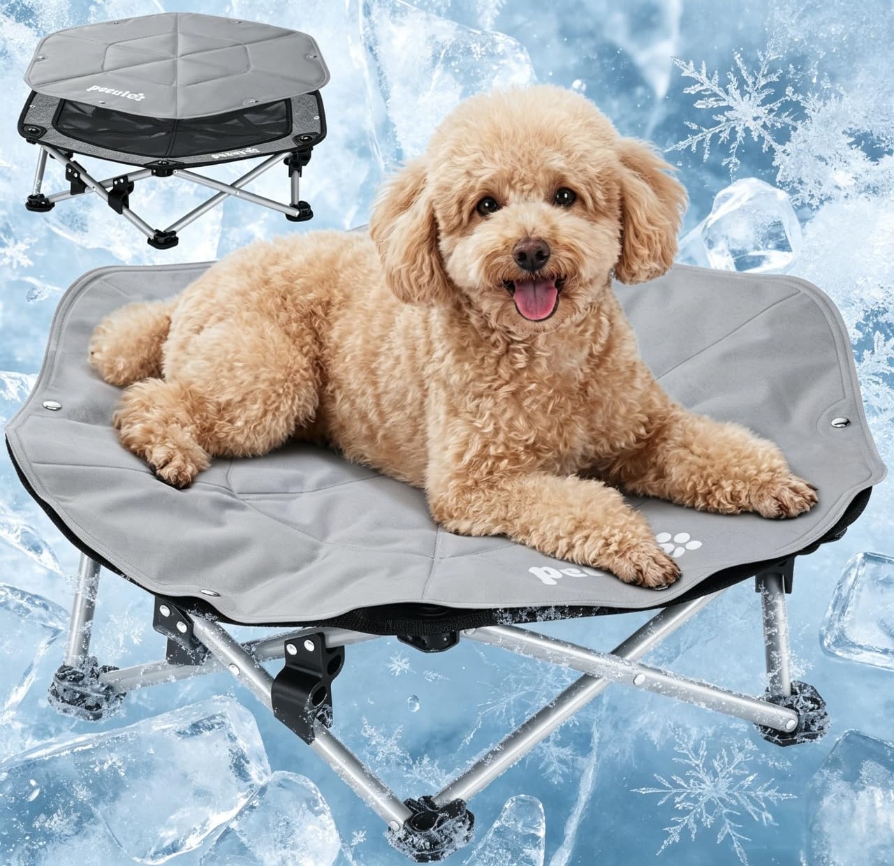 Pecute Cama Elevada para Perros Medianos y Pequeños, Resistente Sin Montaje con Colchoneta Refrescante, Plegable para Interior y Camping, Tamaño M, Soporta hasta 60kg, Gris Recycled Claim Standard Blended