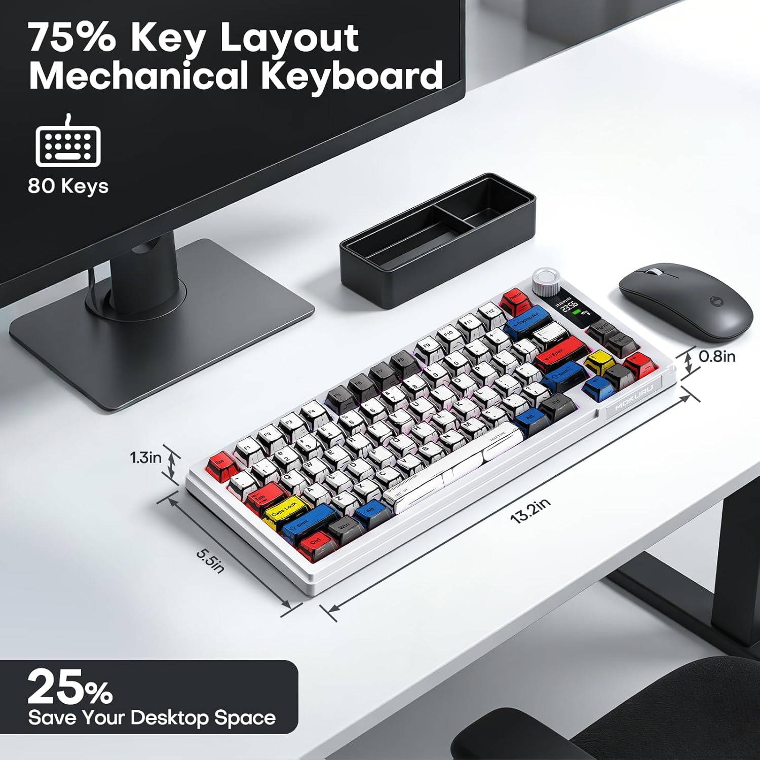 MOKURU Wireless Mechanical Keyboard, Three Mode BT/2.4G/USB-C, RGB Switching, 75% Key Layout, Volume Adjustment knob, Hot Swappable Shaft Seat, Compatible with Windows, Mac (Comic PBT)