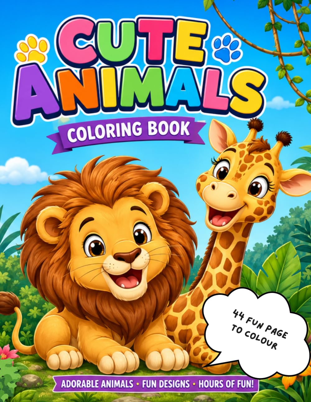 Cute Animals Coloring Book: Adorable Jungle Animals Coloring Pages for Kids, Toddlers, and Preschoolers (Fun Cartoon Designs)