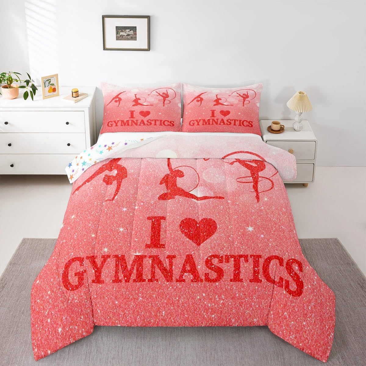 Castle Fairy Gymnast Silhouette Bedding Set Queen Size 3 Pcs,Gorgeous Dancer Gymnastics Theme Comforter Set for Kids Girls Teens Women,Gradient Red Glitter Print Down Comforter with 2 Pillowcases