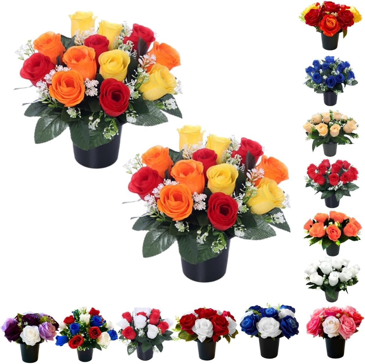 Pack 2 Artificial Flowers for Graves in Pots 25cm | 12 Head Mix Grave Flower Pots | Perfect for Enhancing Memorial & Cemetery Decor | Improved Design for Funeral Elegance & Lasting Tribute. โ image 1
