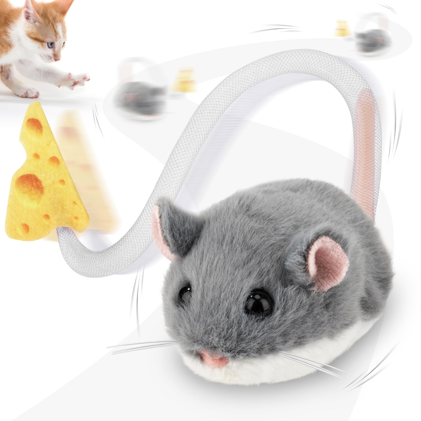 Migipaws Giocattolo interattivo per gatti, topolino elettrico con coda che si muove, sensore intelligente, squittio, giocattolo per gatti con erba gatta, ricaricabile