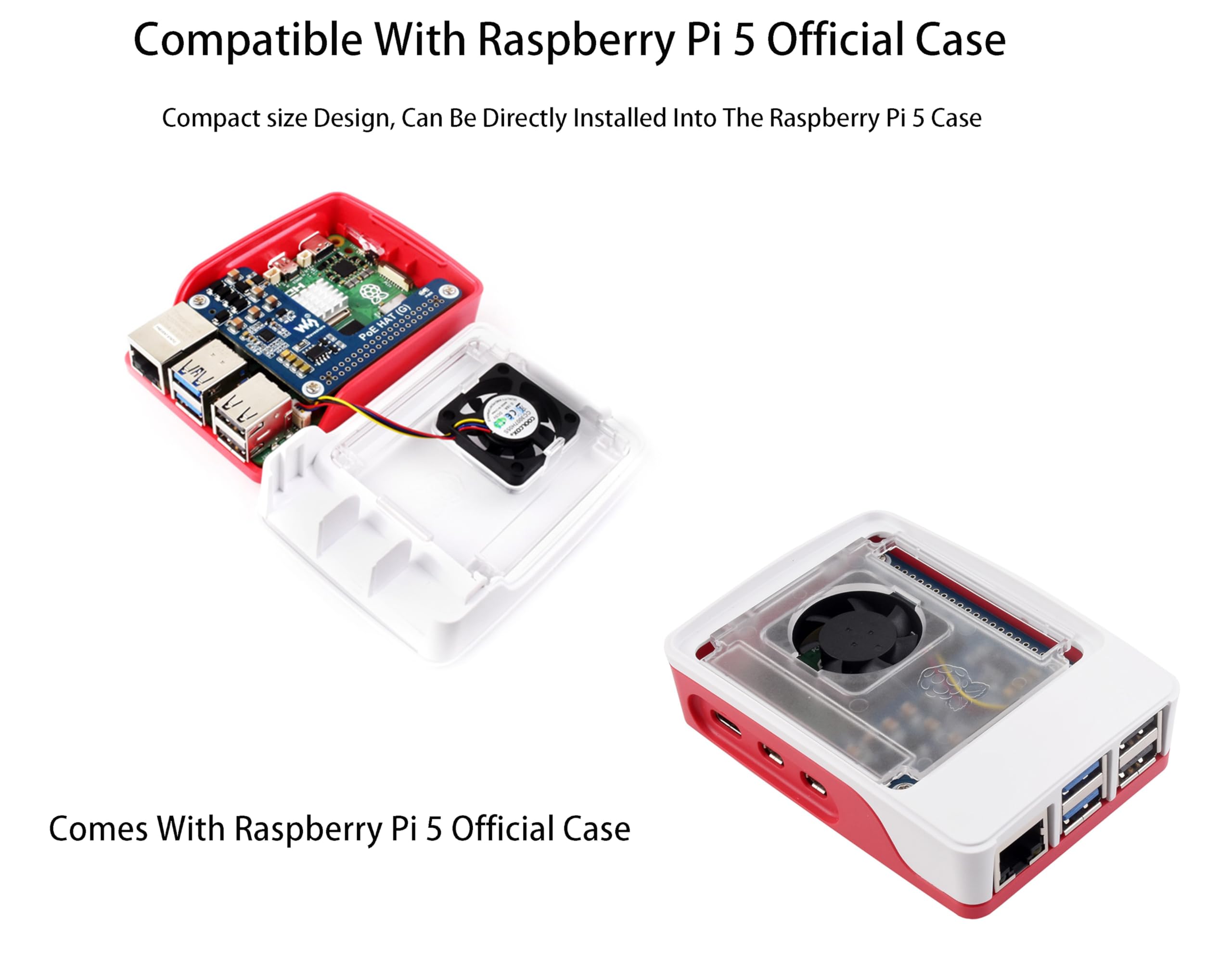 Waveshare PoE HAT (G) Para Raspberry Pi 5, Tarjeta De Expansión Power Over Ethernet HAT (G), Estándar De Red IEEE 802.3af/at, Compatible Con Carcasa Oficial Raspberry Pi 5, Salida 5V 5A
