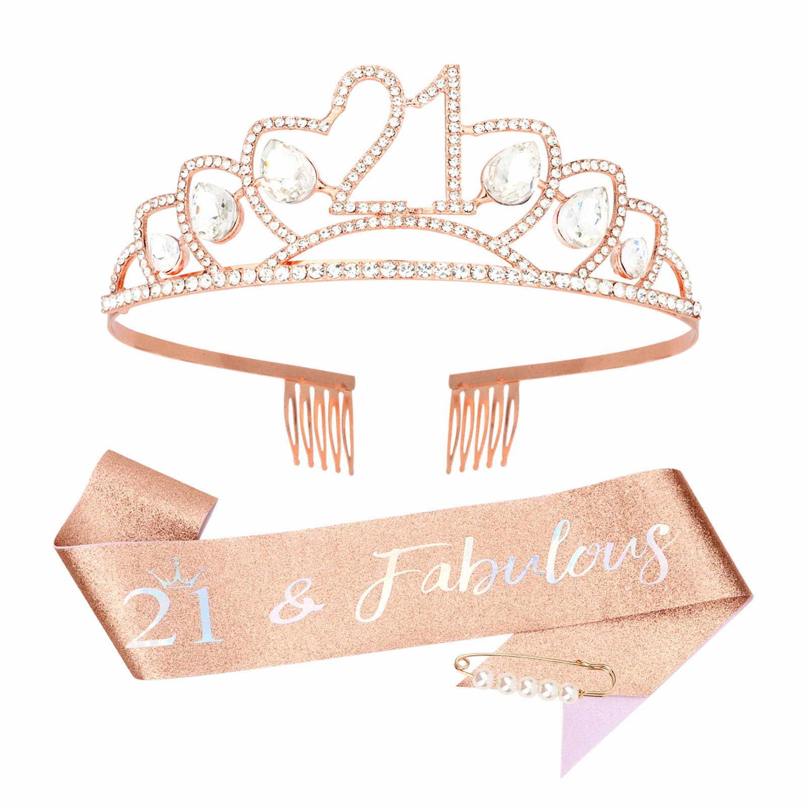 Amariver 21st Birthday Sash and Crown for Girls - Rose Gold Rhinestone Tiara & Sash Set - 21&Fabulous Birthday Decoration for Party Gifts