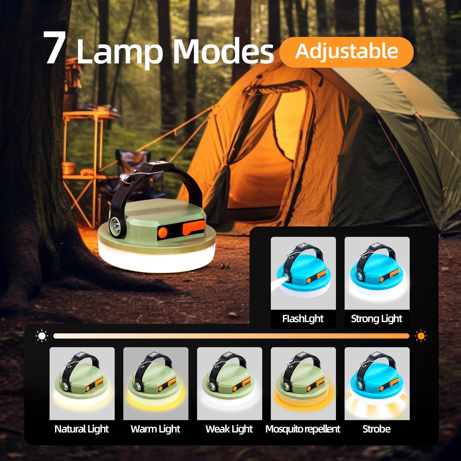 LED Camping Lantern Rechargeable 1000lm: 2-in-1 10000mAh Rechargeable Camping Light and Phone Charger for Hiking,Travel - 7 Light Modes Emergency Hanging Light for Hurricane, Power Outage, 100W Green