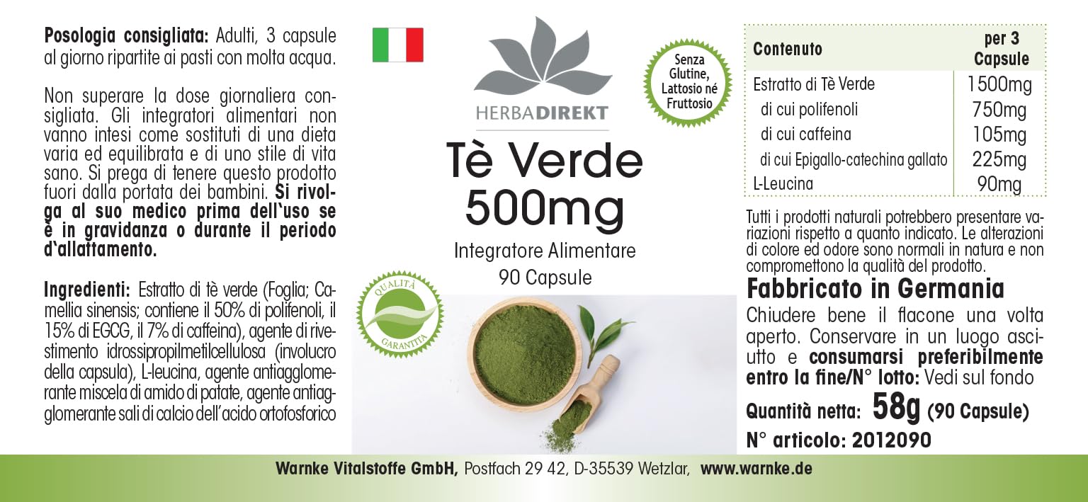 Estratto di tè verde - 90 capsule - 1500mg per dose giornaliera - EGCG - Camellia sinensis - min. 50% di polifenoli - vegano | HERBADIREKT by Warnke Vitalstoffe - Qualità farmaceutica tedesca