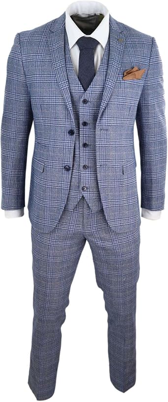 Mens Blue 3 Piece Suit Vintage Navy Tan Check Tailored Fit Classic Gatsby 1920s