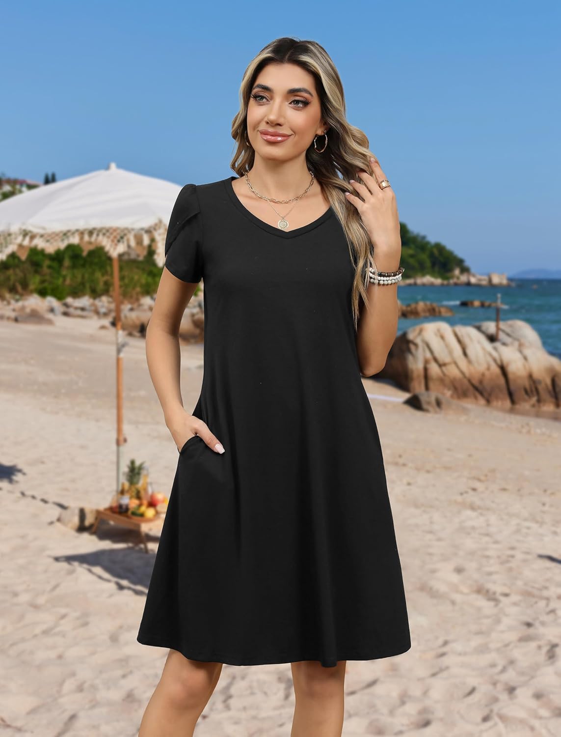 Zeagoo Womens Summer A-Line Dress with Pockets Mini Short Sleeve Dresses Flowy Beach Swing Dress 2026 Vacation Travel - Image 3