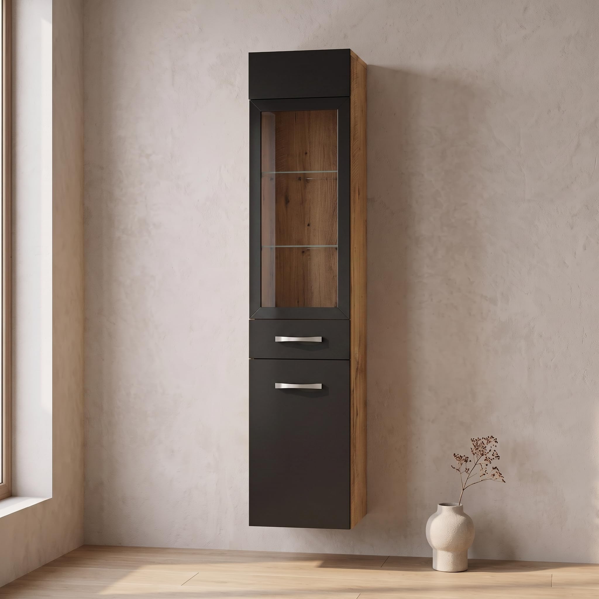 Badplaats B.V. Armoire de Rangement de Rio Hauteur 131cm Chêne châtaignier avec Noir - Meuble de Rangement Haut Placard Armoire Colonne