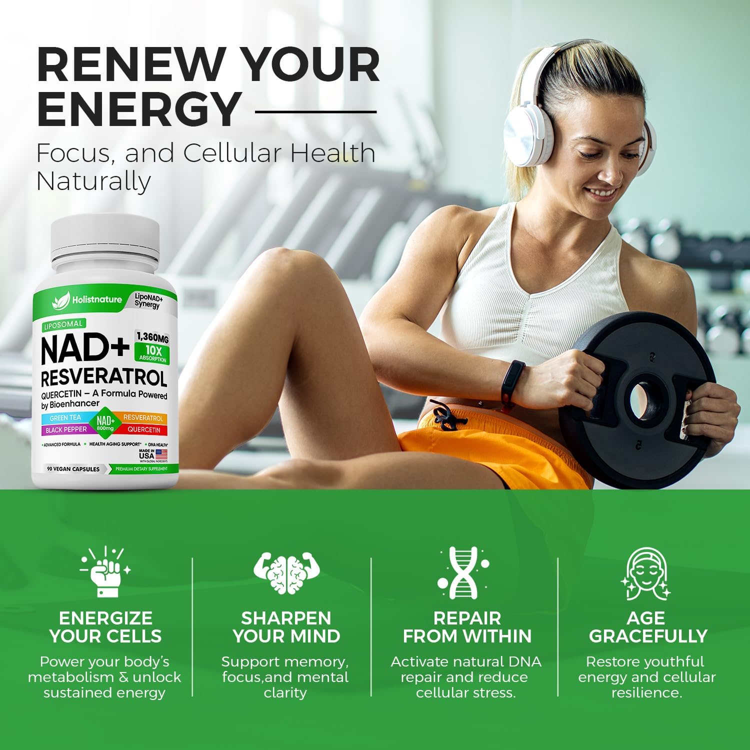 NAD+ Supplement, 1,360mg Max Strength Liposomal | Resveratrol, Quercetin, Green Tea | Cellular Energy & Healthy Aging for Men & Women | 800mg of 100% High Purity NAD+ for Energy, Focus - 90 Capsules - Image 2