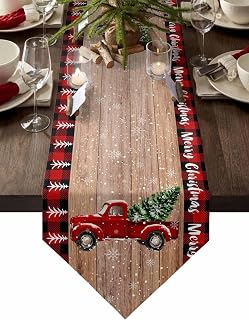 Christmas Table Runner Linen Burlap Dresser Scarves,Retro Red Truck and Christmas Tree Table Runners for Dinner Holiday Party, Christmas Eve, Kitchen Dining Decor Farmhouse Wood Grain 13x90in