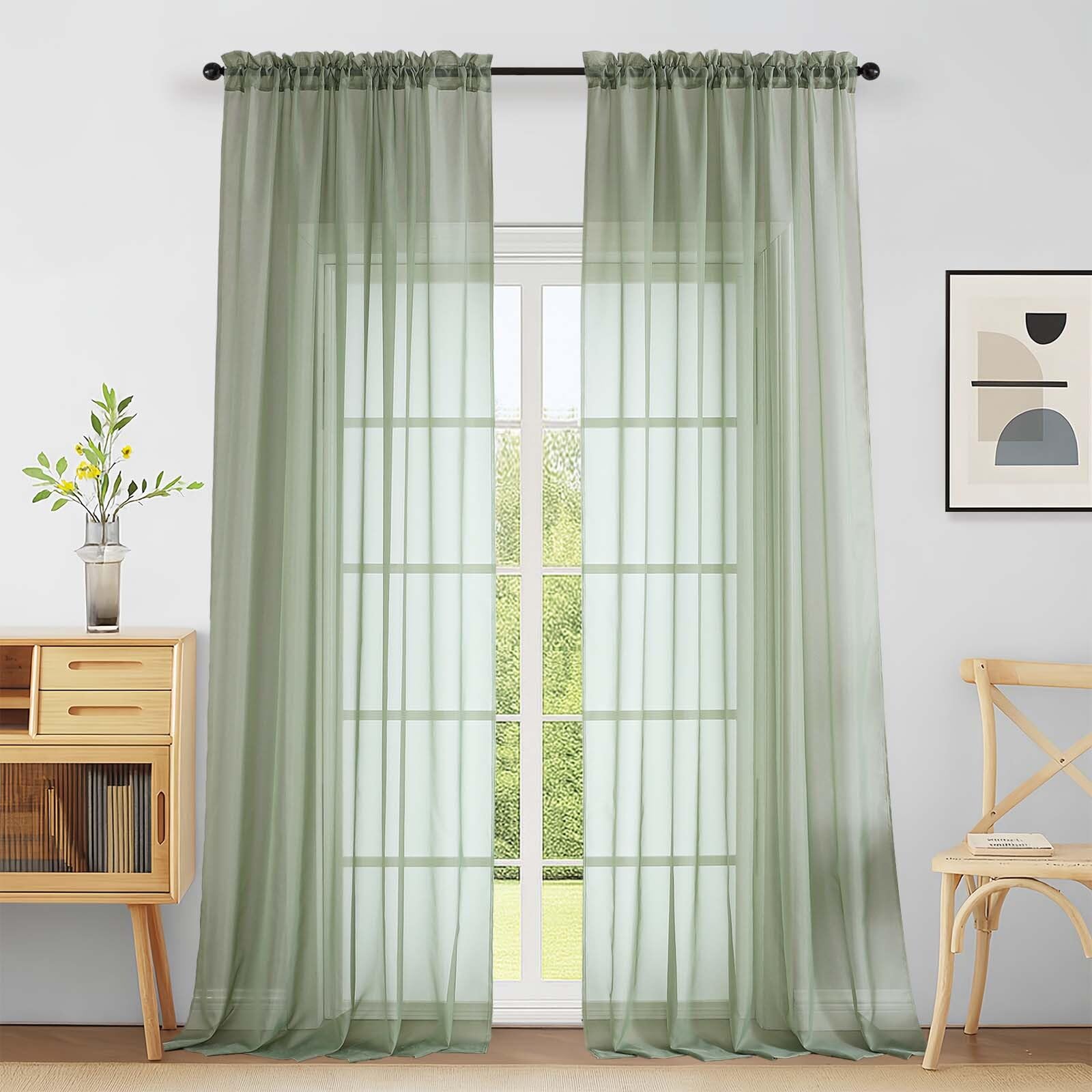 Ebesto Extra Wide Sage Green Sheer Curtains for Window 96 Inches Long 2 Panels, Elegant Light Filtering Voile Sheer Curtains for Sliding Glass Door, Dual Rod Pocket Window Drapes, 2x59Wx96L Inches
