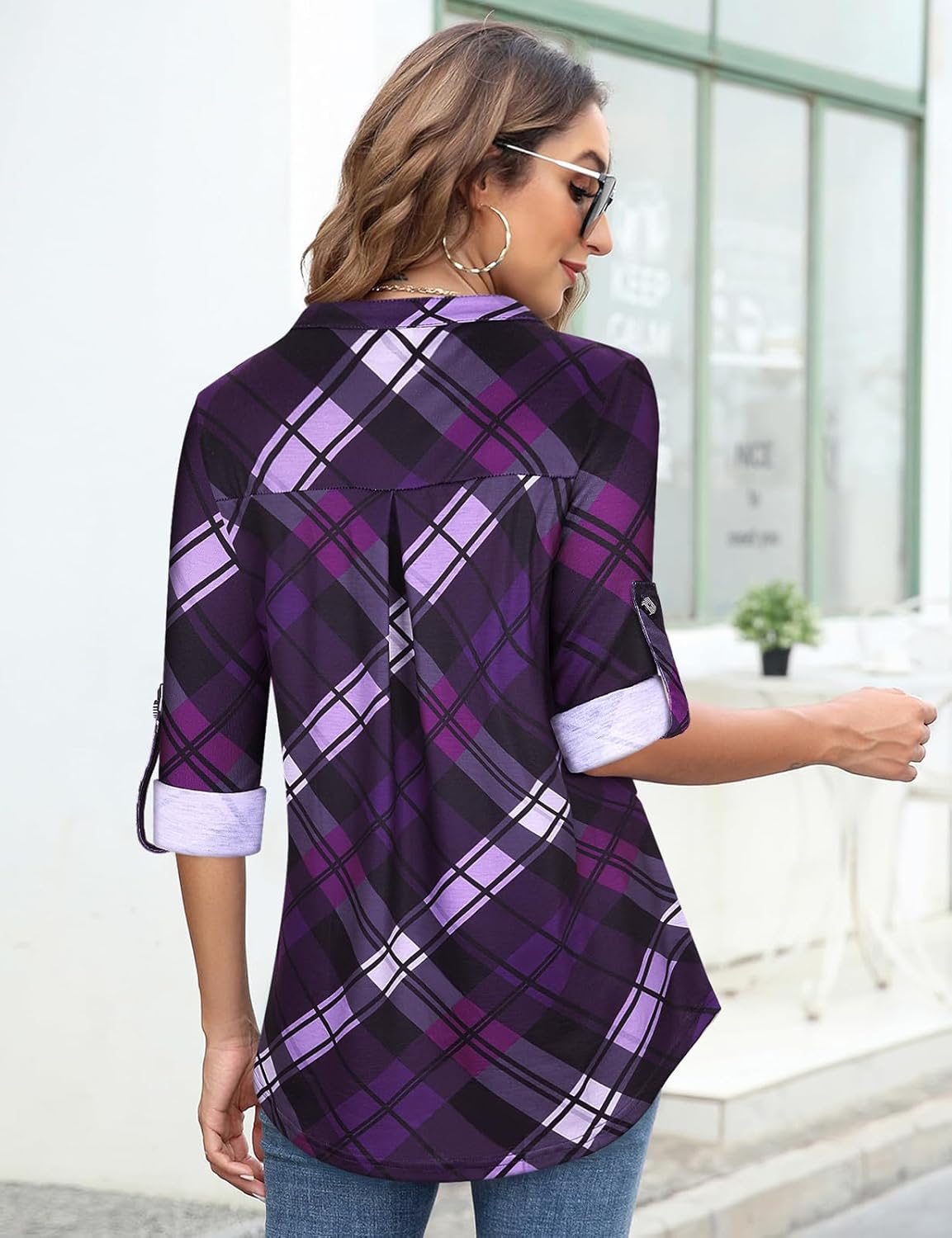 Tanst Sky Womens Casual Long Sleeve Zipped V Neck Plaid Tunic Blouses - Image 3