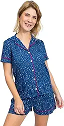 Pijama Algodão Feminino Americano Manga Curta com Botões Verão Adulto indicado Gestante Amamentação e Pós cirúgico -Poá Marinho