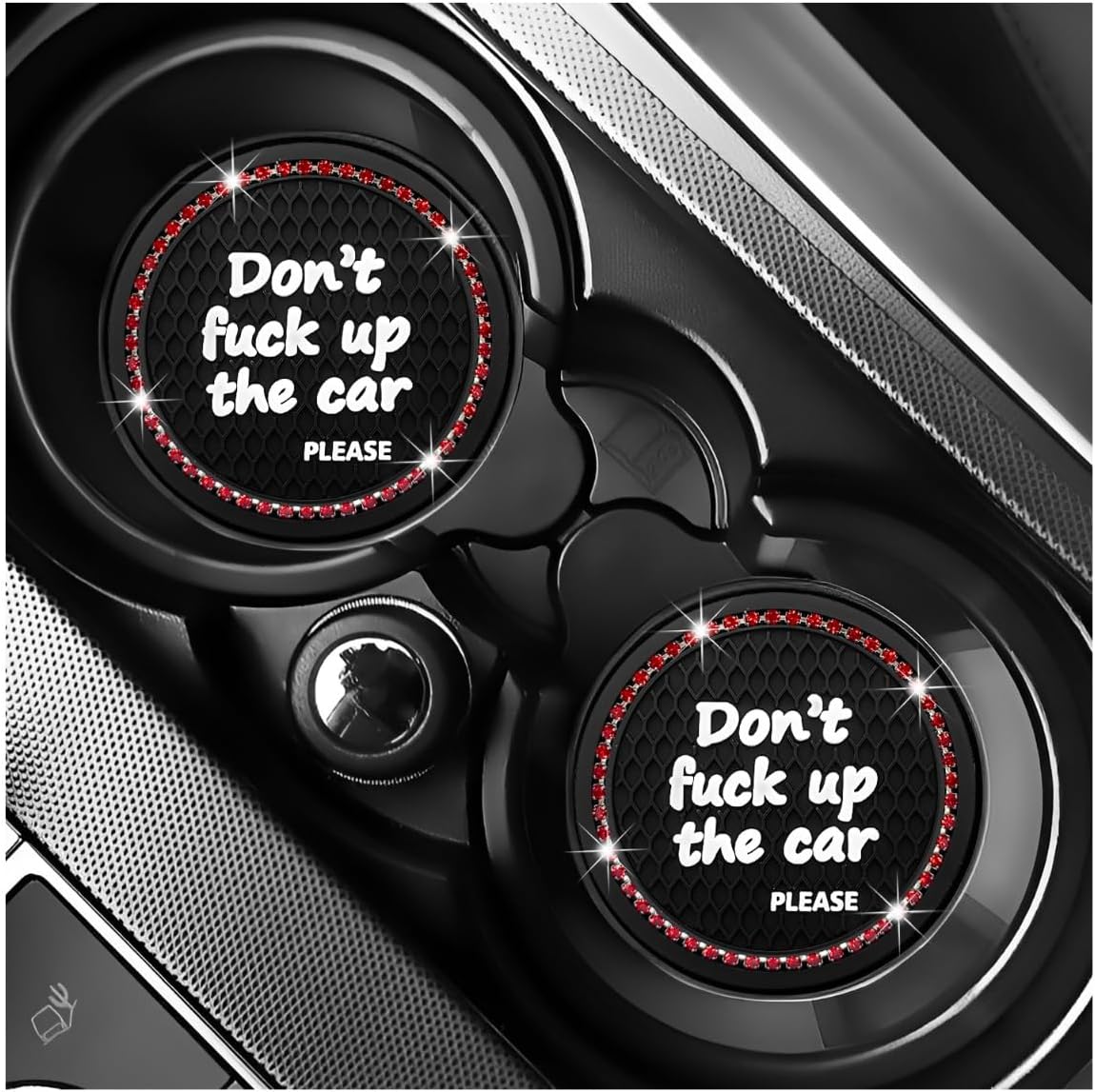 2 PCS Bling Car Coasters, Funny Rhinestone Cup Holder Insert Coaster Auto Drink Mat, Sparkling Vehicle Water Bottle Mat Drink Holder Pad for Women Men, Car Accessories (Black & Red)