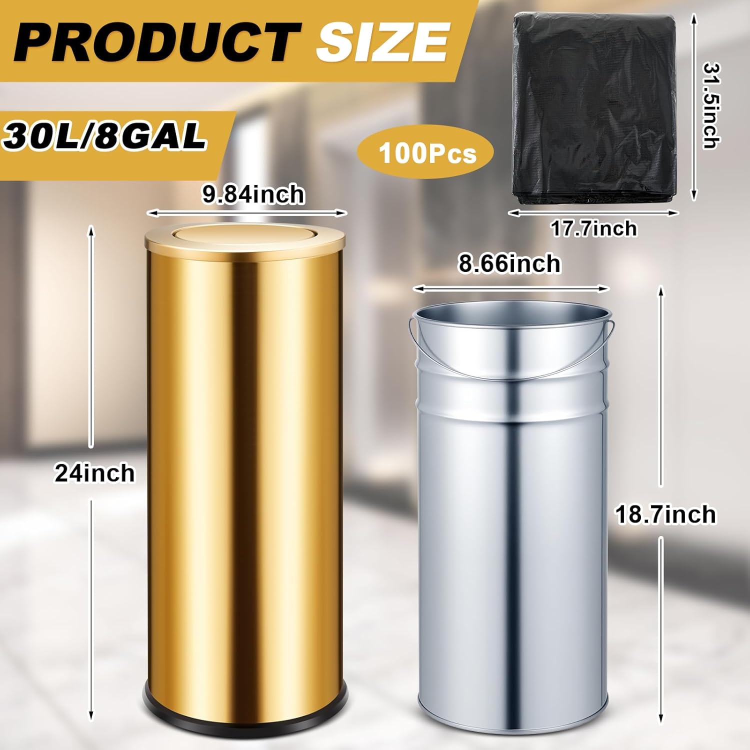 30l/8gal gold lidded trash can with 100 garbage bags metallic gold brass kitchen garbage bin with flip lid commercial compact waste basket for shopping centers, elevator doors, hotels gold 8 gal 2