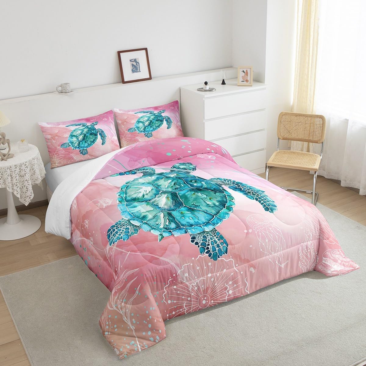 Feelyou Sea Turtle Comforter Set Twin Size Kids Ocean Pink Comforter for Boys Girls Teens Bedding Set Breathable Animal Summer Holiday Vacation Duvet Set Room Decor Quilt Set