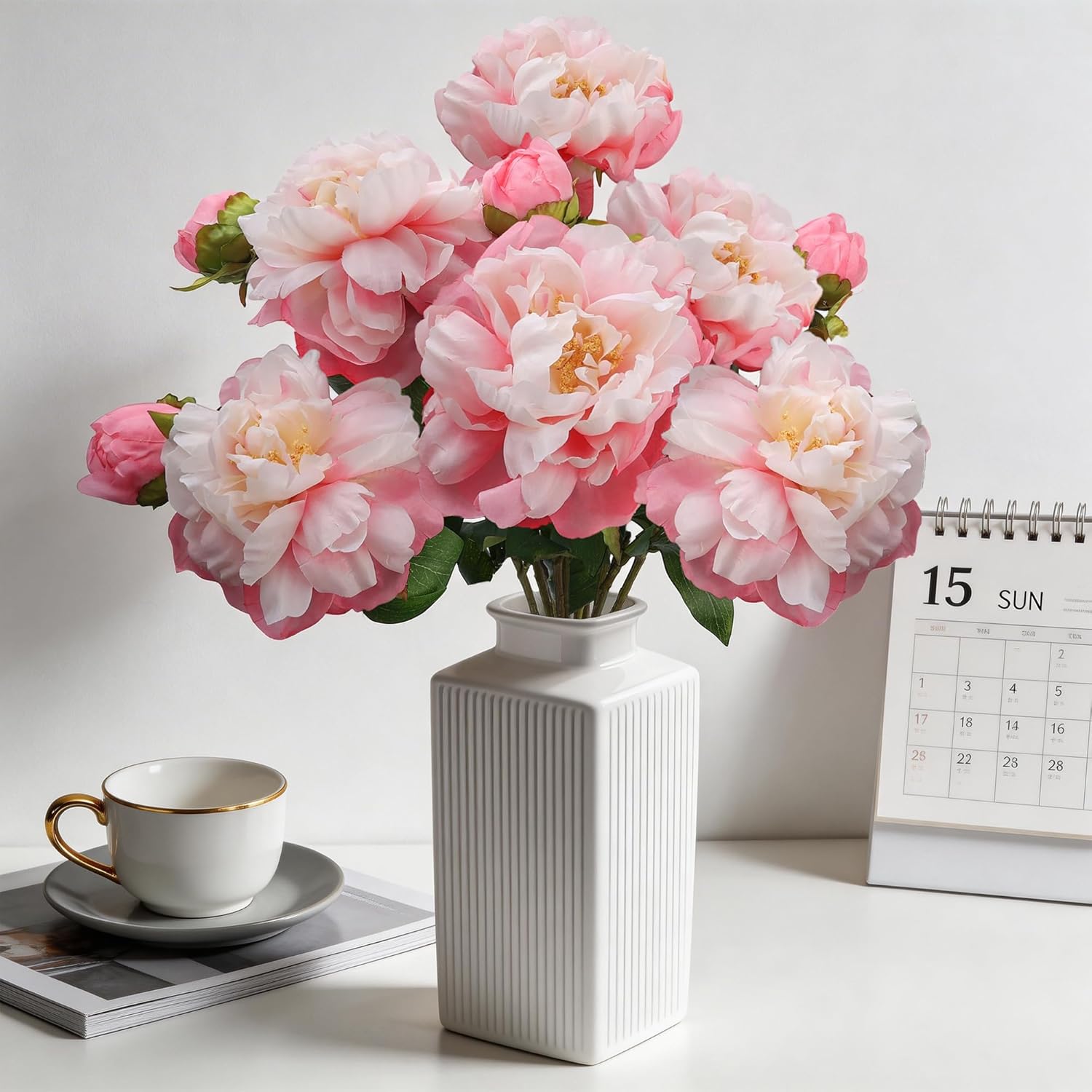 SwanMoon Artificial Peonies Silk Flowers, 6 Pcs 27Inch Long Stem Realistic Faux Peony with Buds, Lifelike Peonies Bouquet for Tall Vase, Wedding Centerpieces, Home Office Party Floral Decor