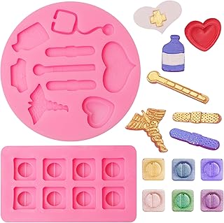 Nurse Graduation Fondant Molds, Nurse Hat Stethoscope Bottle Chocolate Molds, Bandage Thermometer Medical Pill Tablets Silicone Baking Molds for Cake Decoration Cupcake Topper Candy Clay Resin