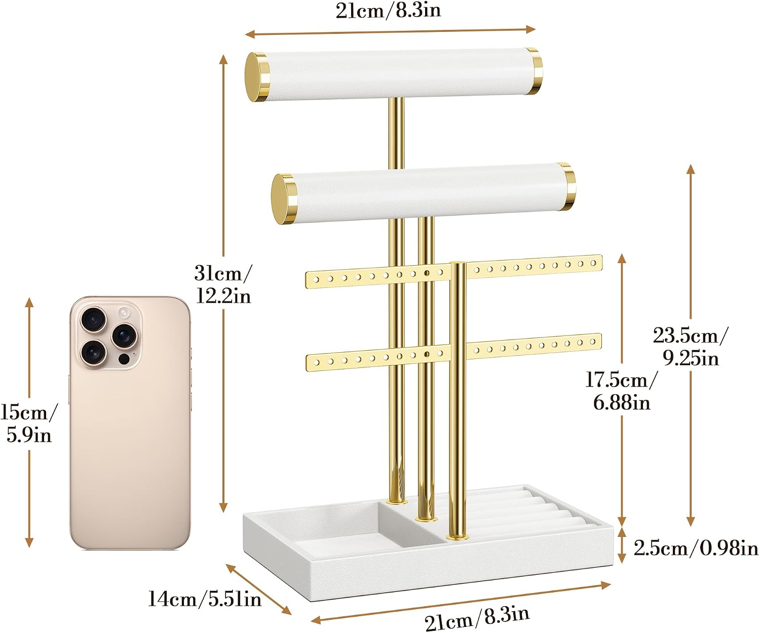 bussdis 3 Tier Bracelet Holder Display - White Leather Bracelet Holder, Detachable T Bar Jewelry Holder Organizer for Bracelet, Necklace, Earrings, Rings, Watches, Bangle