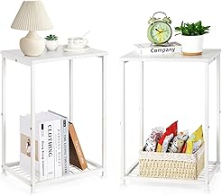 smusei White Nightstands Set of 2 End Tables Living Room Small Side Table for Small Spaces Sofa Couch Narrow Bedside Tables with Open Storage Shelves for Living Room Bedroom Guest Room Decor