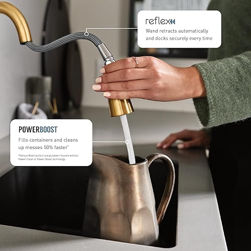 Miniatura 4 de Moen Elegante grifo de cocina de arco alto de una manija de oro cepillado con cabezal rociador extraíble, con potencia Boost, 7864BG