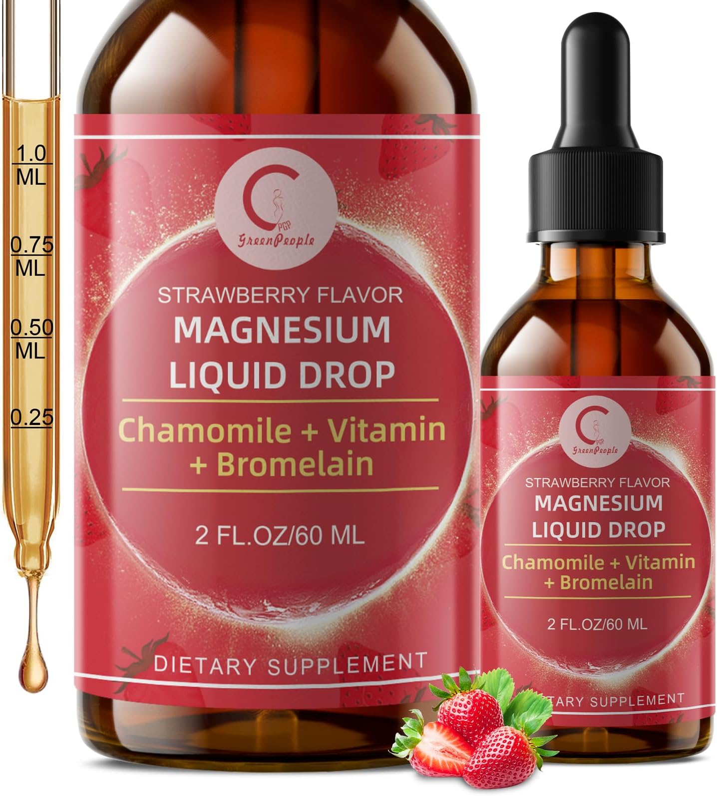 Magnesium Glycinate Liquid Drops with Chamomile, Hawthorn & Ginger for Stress Relief and Digestive Comfort, Fast Absorption, Non-GMO, Vegan Formula, Sugar Free, Strawberry Flavor, 2 Fl OZ