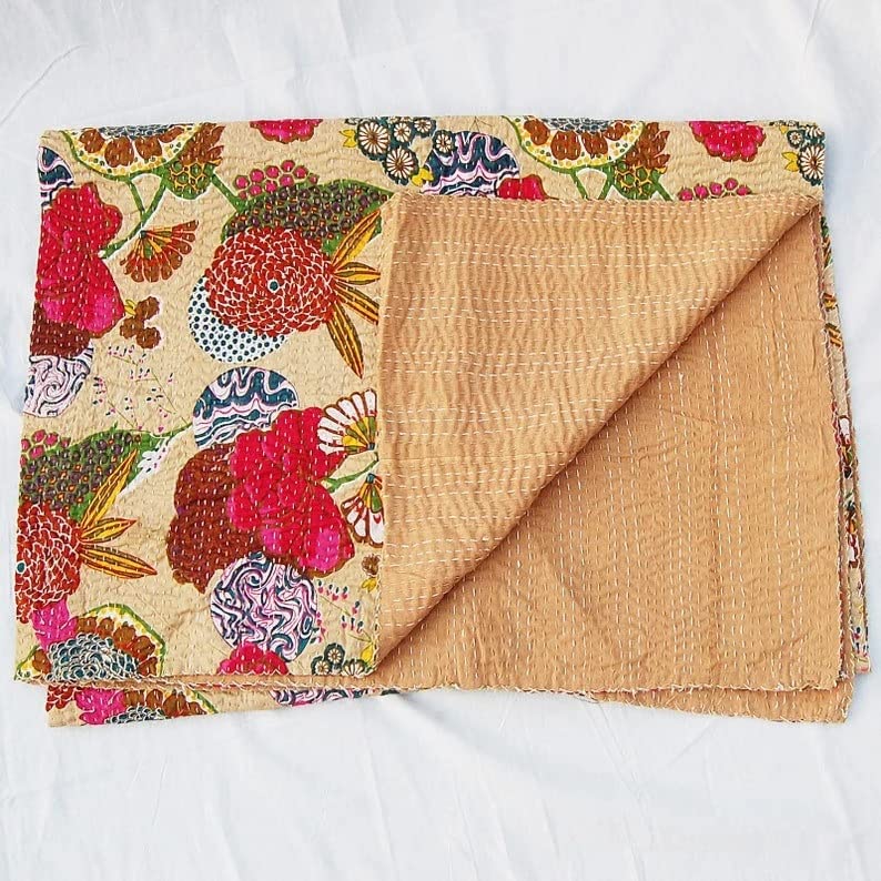 Colcha Kantha artesanal reversible y ligera de algodón indio para cama Twin de 60x90