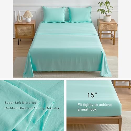 Miniatura 4 de Juego de edredón para niños tamaño Queen  Cama en una bolsa Queen de 5 piezas para niñas adolescentes, juegos de ropa de cama con flecos de pompones