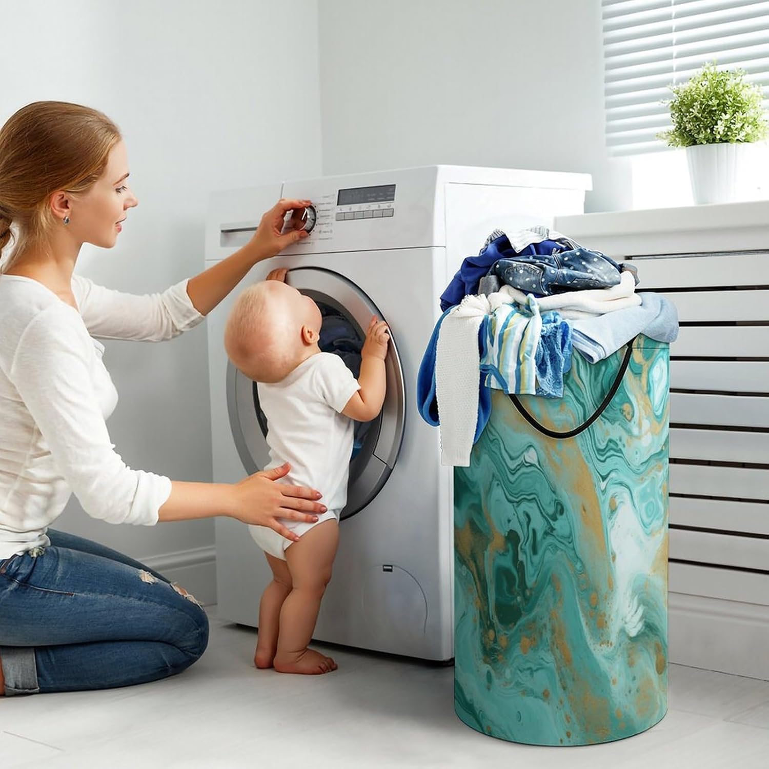 Teal And Gold Marble Laundry Hamper Large Collapsible Laundry Basket with Handles Waterproof Clothes Hamper Portable Dirty Clothes Basket for Bedroom Laundry Room Closet Bathroom