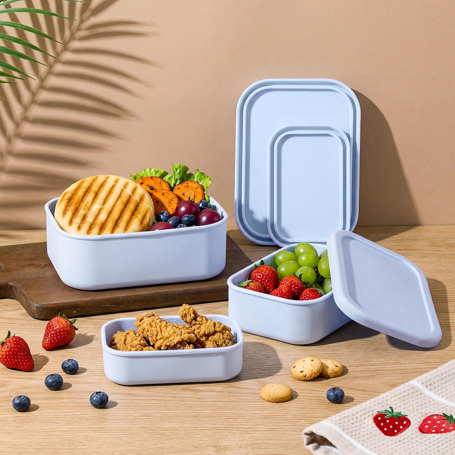 2 Sets of 6 Silicone Food Storage Containers with Lid Silicone Bento Box Rectangular Box Hard Shell Containers Microwave Dishwasher Freezer Safe, 10 oz, 23.6 oz, 44 Ounce(Purple Blue)