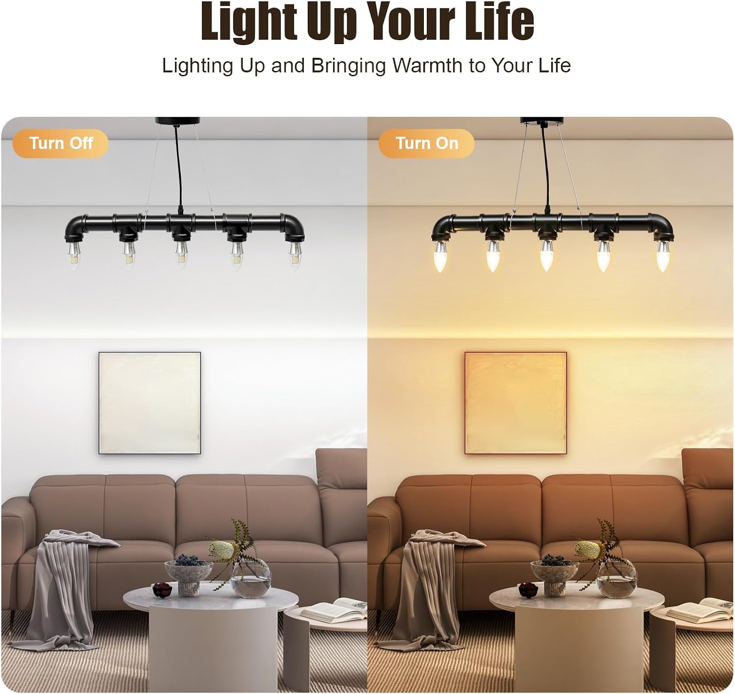 TFCFL 5-Light Water Pipe Chandelier, 25.6" Length Industrial Vintage Hanging Pendant Lamp Wrought Iron Ceiling Light Fixture for Living Room Bedroom Farmhouse (Black)