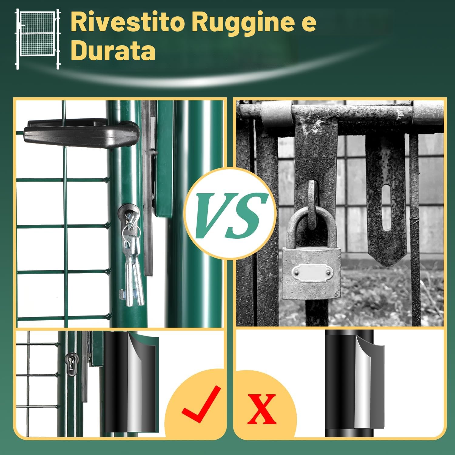 Cancello da giardino, in acciaio zincato, con maniglia e 3 chiavi, resistente alle intemperie, robusto e durevole