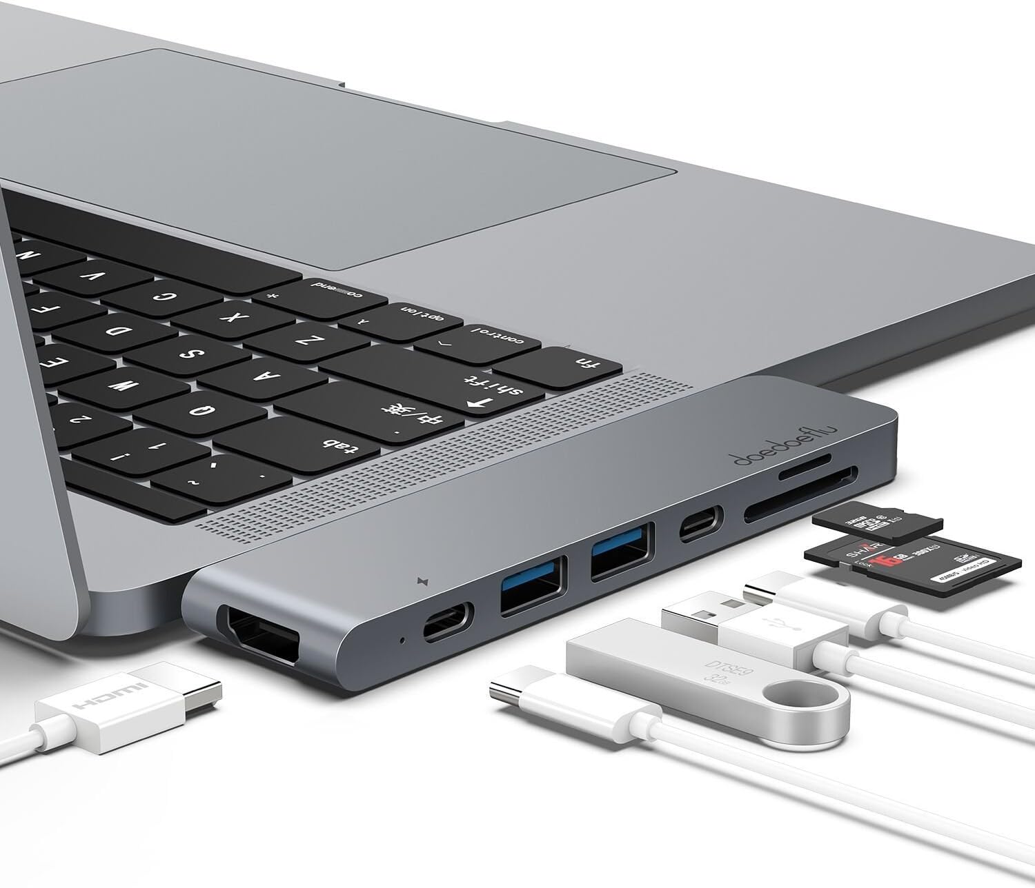 doedoeflu USB C Hub, Plug&Play type C Hub with 40Gbs Thunderbolt 3,Pass-Through Charging,USB-C Data Transfer,SD/Micro Card Reader,4k HDMI(30Hz),2 USB3.0 ports for 13”&15” MacBook Pro 2016/2017(Gray)