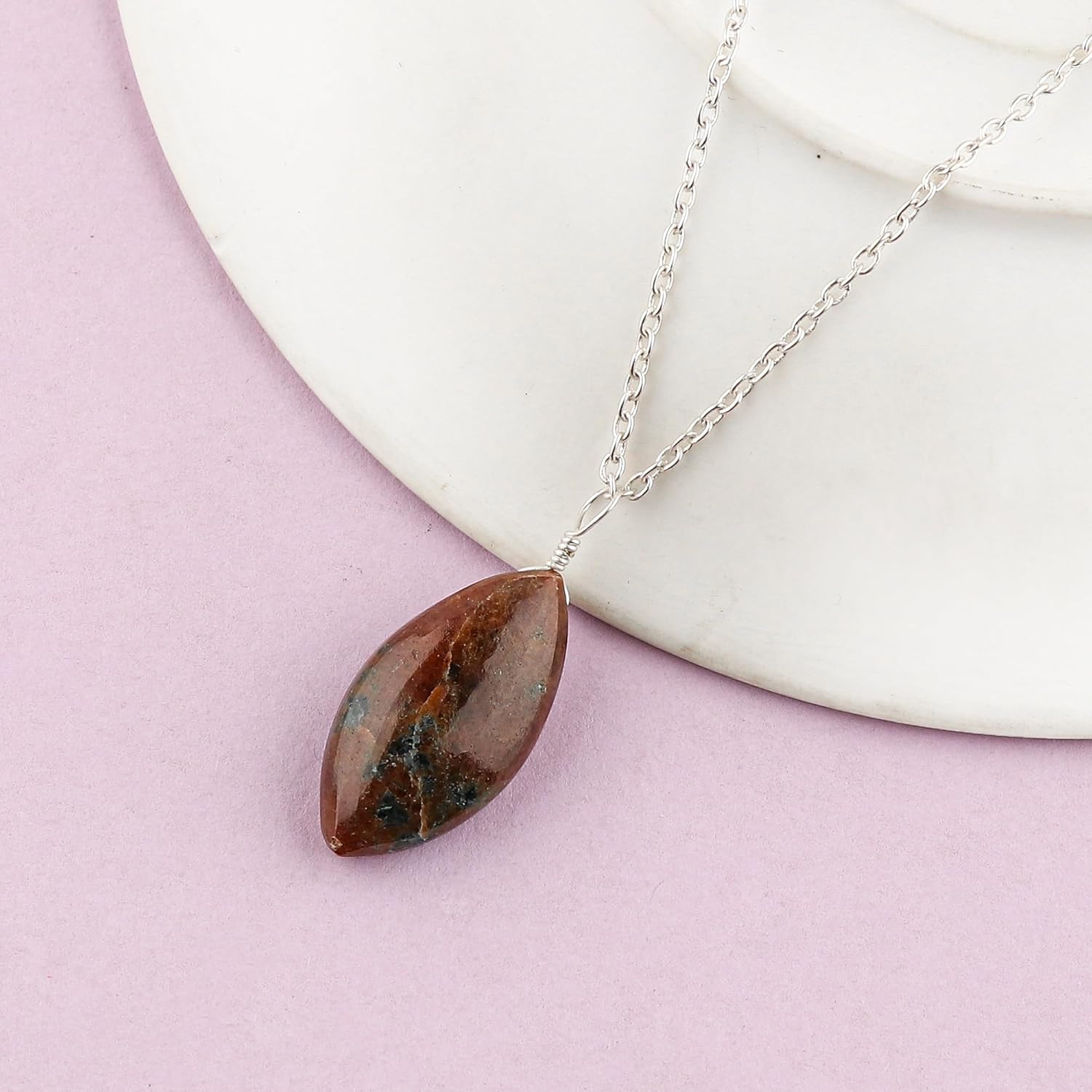 Natural Gemstones Dainty Pendant, Polished Marquise Stones Necklace, Handmade Boho Hypoallergenic Jewelry for Women, Chakra Healing Crystals, Adjustable Chain-16+2inch - Image 4