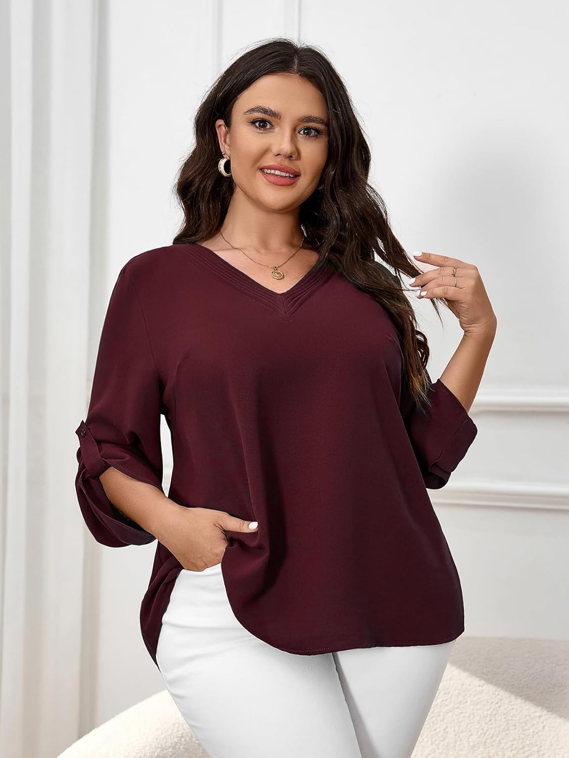 SCOMCHIC Women's Plus Size Blouses 3/4 Cuffed Sleeve Dressy Tunic Tops V Neck Casual Loose Blouse Pleated Shirts - Image 5