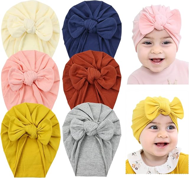 Cinaci 6 Pack Soft Stretchy Turban Hats with Knotted Big Bow Caps Beanies Bonnets Headwraps Hair Accessories for Baby Girls Newborns Infants Toddlers Kids