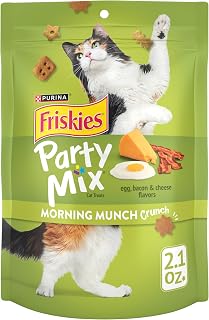 Purina Friskies Party Mix Morning Munch Crunch Cat Treats, Egg Bacon Cheese Flavors, 10x 2.1oz Resealable Pouches - Low Calorie Dental Snacks