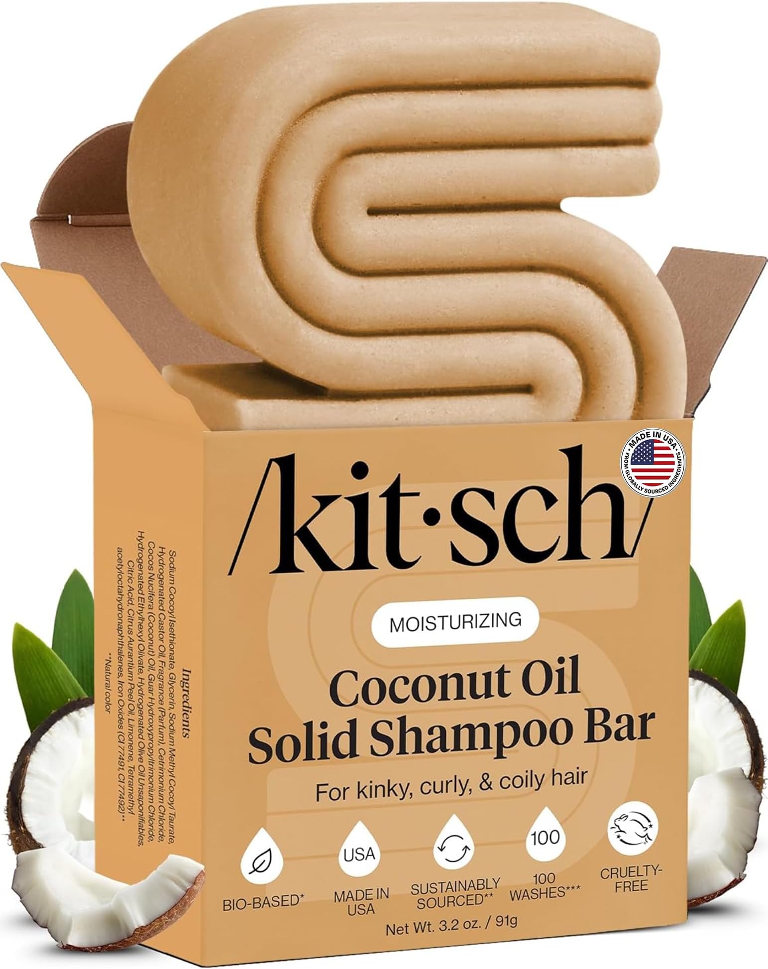 Kitsch Coconut Oil Shampoo Bar 91g - Hydrate & Soften Dry Damaged Hair - Deep Moisturizing Curly Hair Shampoo - Safe Shampoo for Color Treated Hair - Silicone, Paraben & Sulfate Free