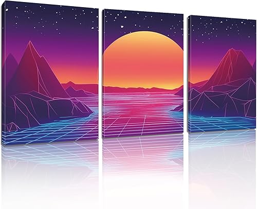 Miniatura 1 de Rubelike Vaporwave - Lienzo decorativo para pared, imagen de paisaje retro de ciencia ficción, póster abstracto de puesta de sol, arte geométrico