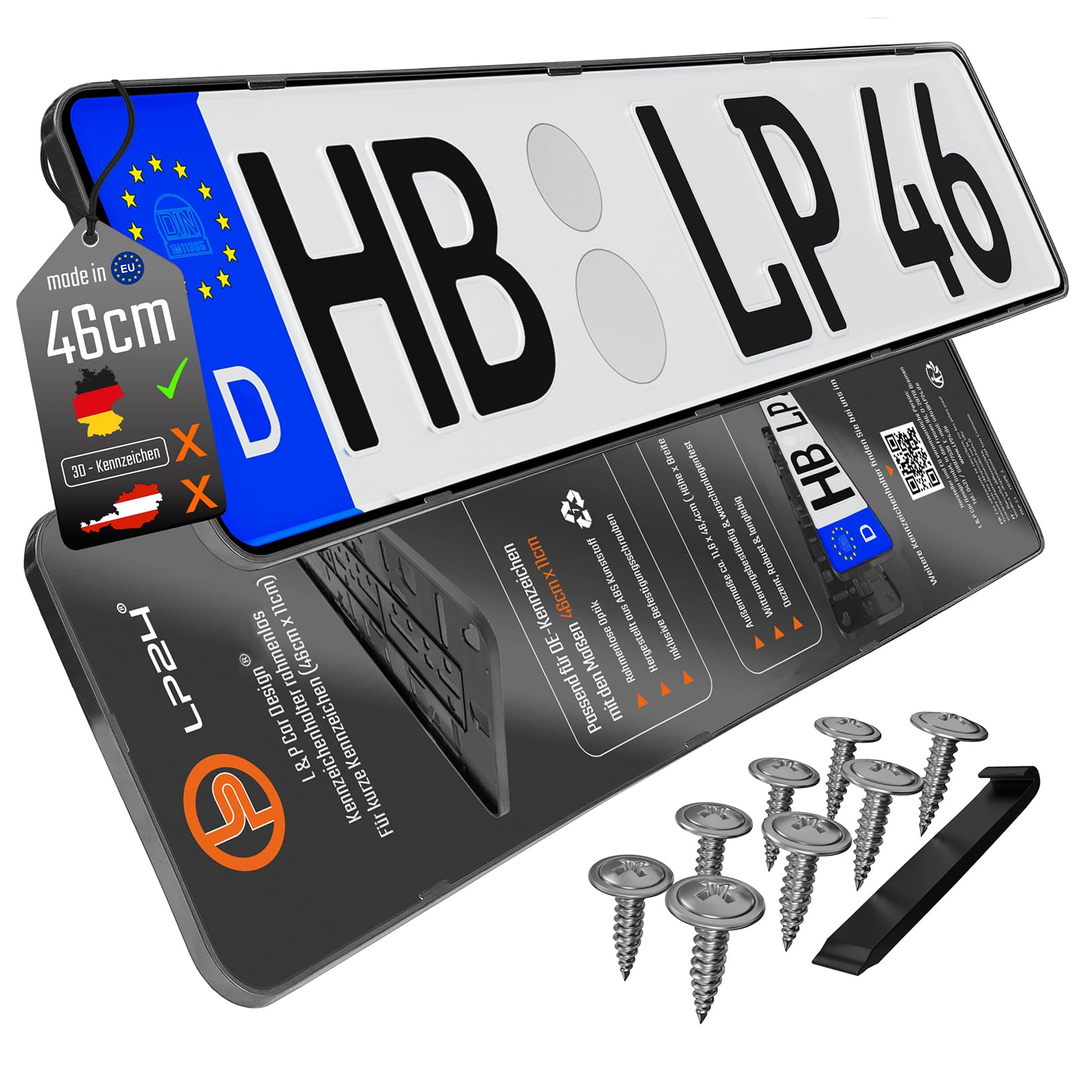 Kennzeichenhalter Rahmenlos Nummernschildhalterung 460x110mm inkl. 8 Schrauben [dezent & sicher] rahmenlose Kennzeichenhalterung Auto Nummernschildhalter Kennzeichen Halterung pkw schwarz 2 Stück