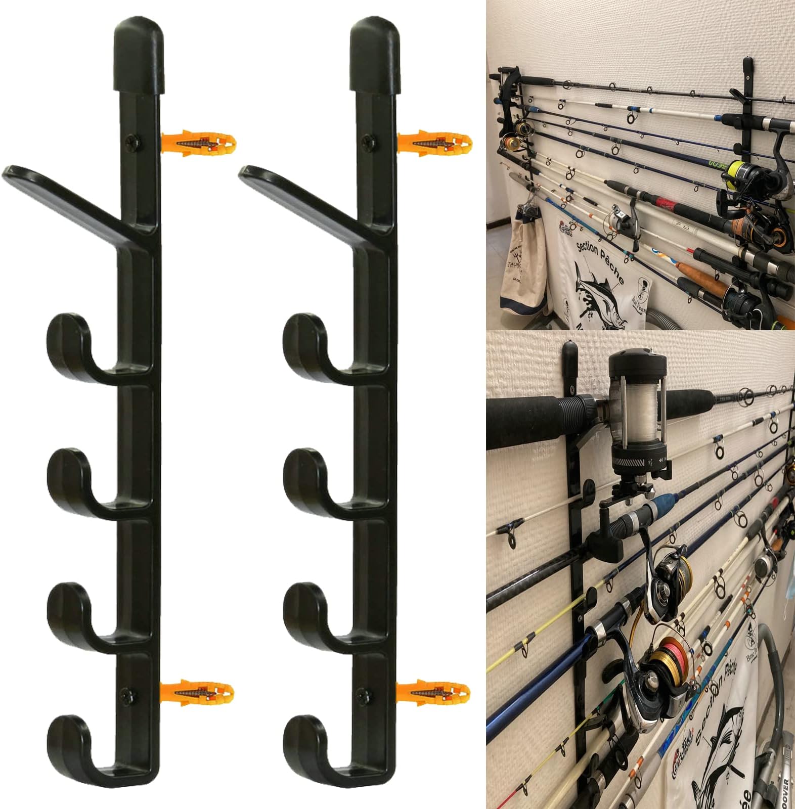 AUXPhome 1Pair Fishing Rod Storage Rack, Horizontal Wall Mount Fishing Pole Holder Storage Organizer for Garage & Cabin & Basement - Holds up to 5 Rod - Easy to Install Hardware included.