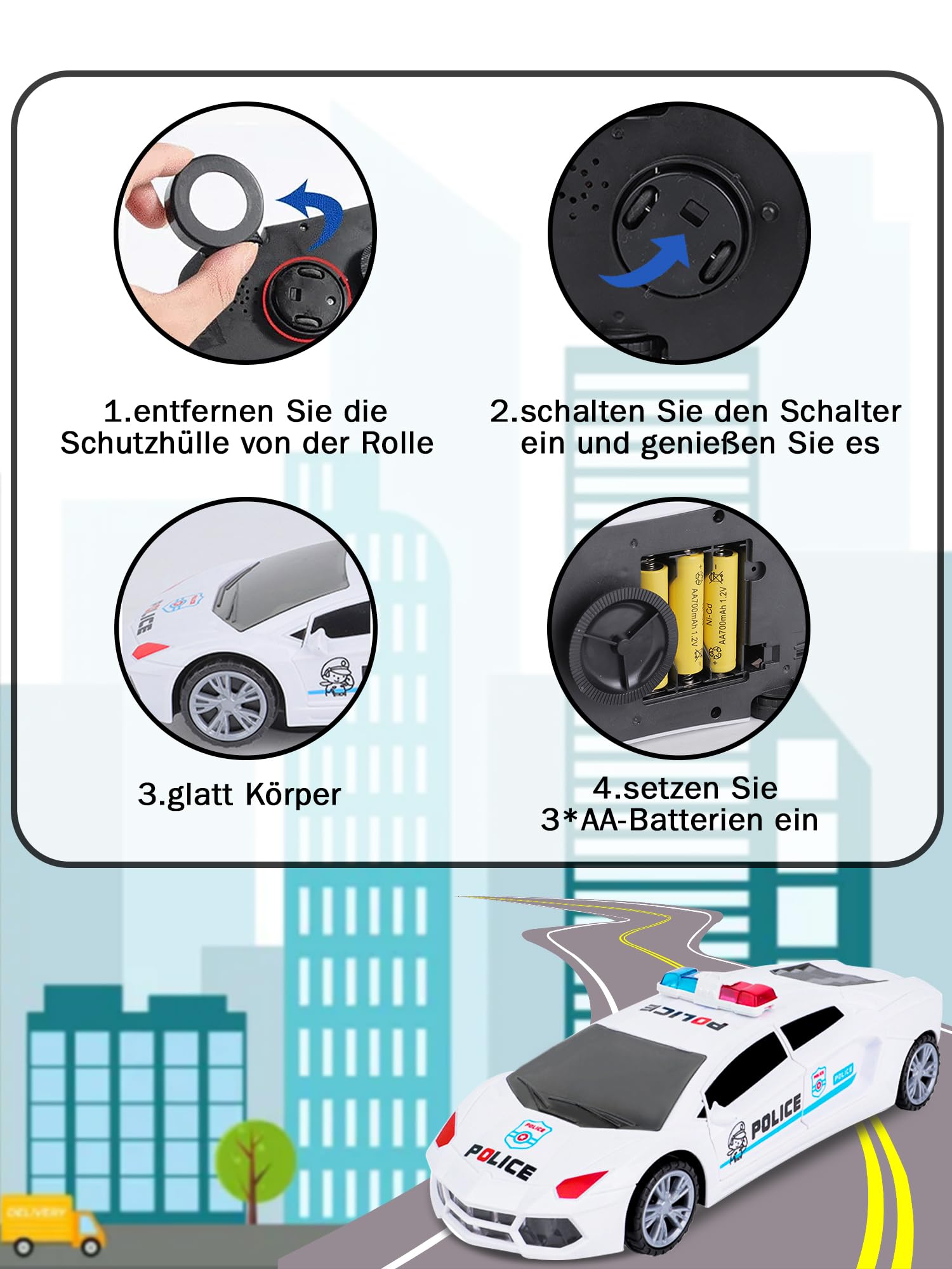 Polizeiauto Spielzeug Mit Türöffnung – 360° Drehbar, Mit Licht & Sound, Für Kinder Ab 3 Jahren