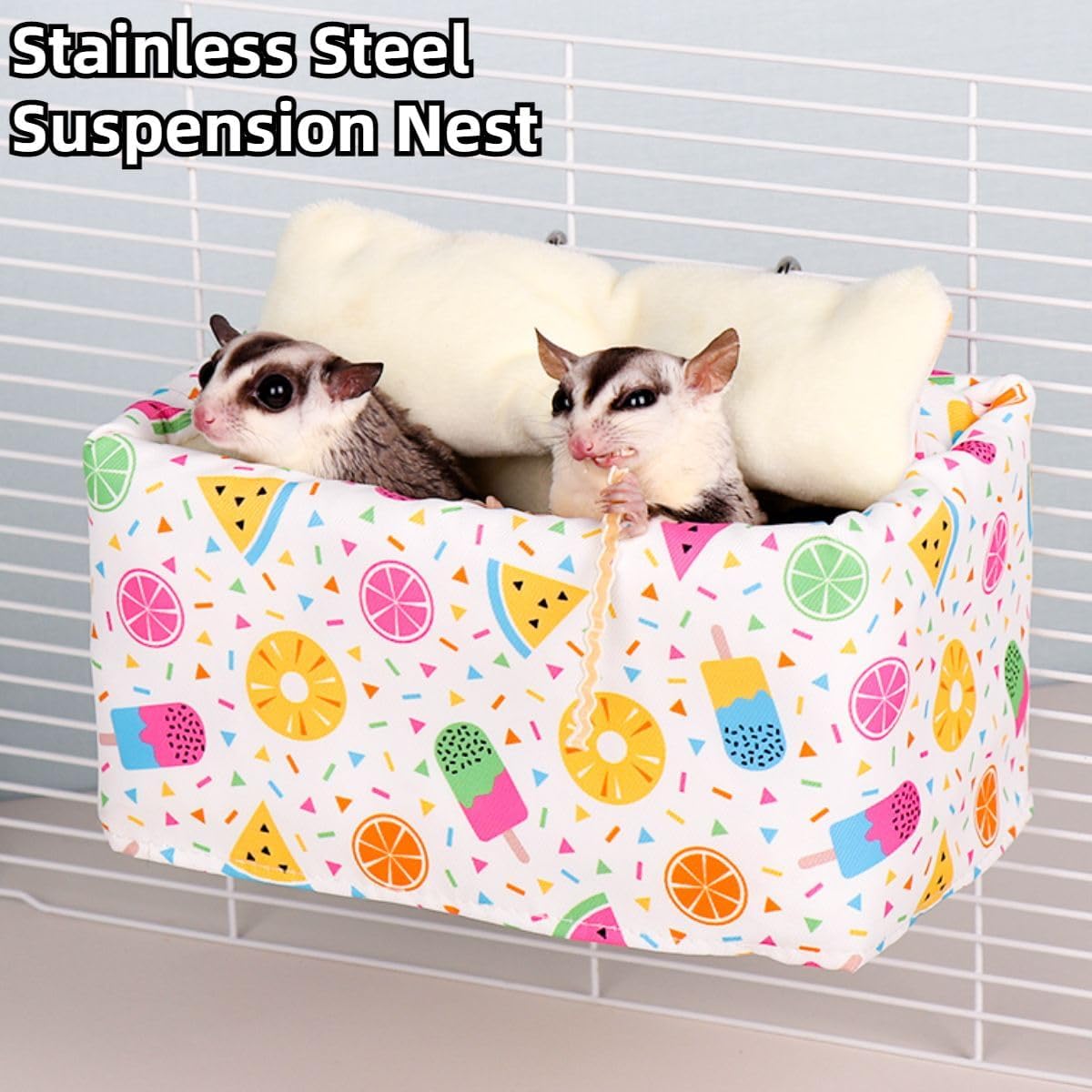 Sugar Glider Rat Bed for Cage Chew Proof Rat Toys Warm Bed, Small Animal Hanging Stainless Steel Basket Bed Ferret Cage Accessories and Habitats Removable Nest with Blanket (White)
